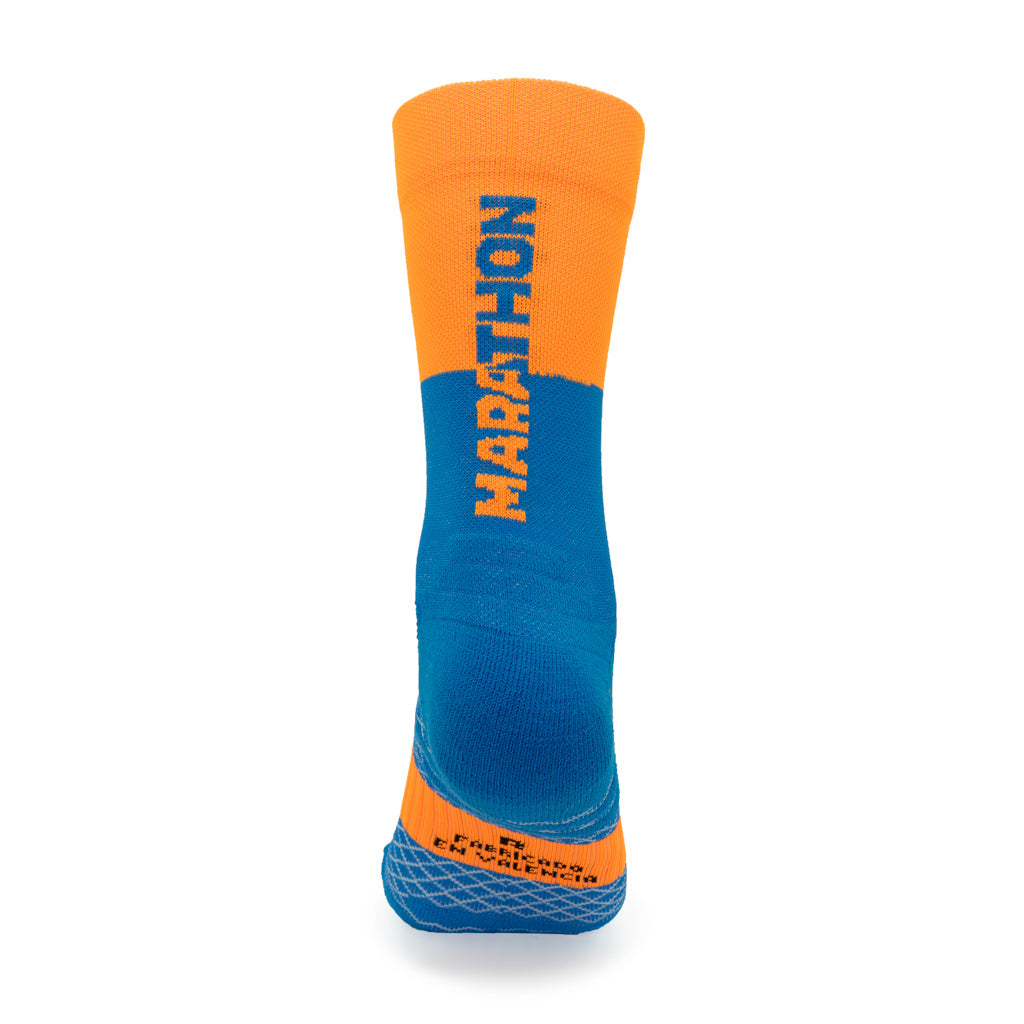 Calcetines MARATHON de RUNNING (naranja flúor/azul) de 2 hilos