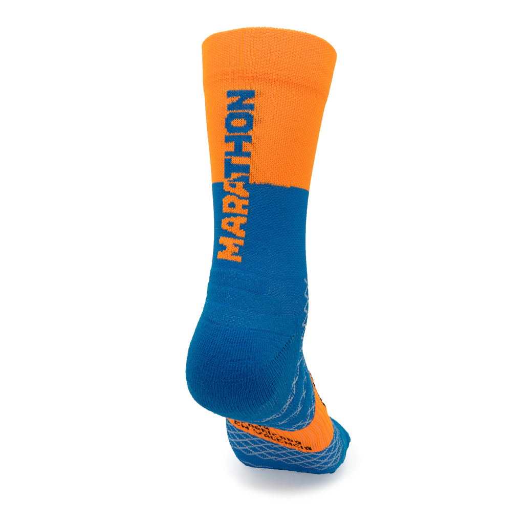 Calcetines MARATHON de RUNNING (naranja flúor/azul) de 2 hilos